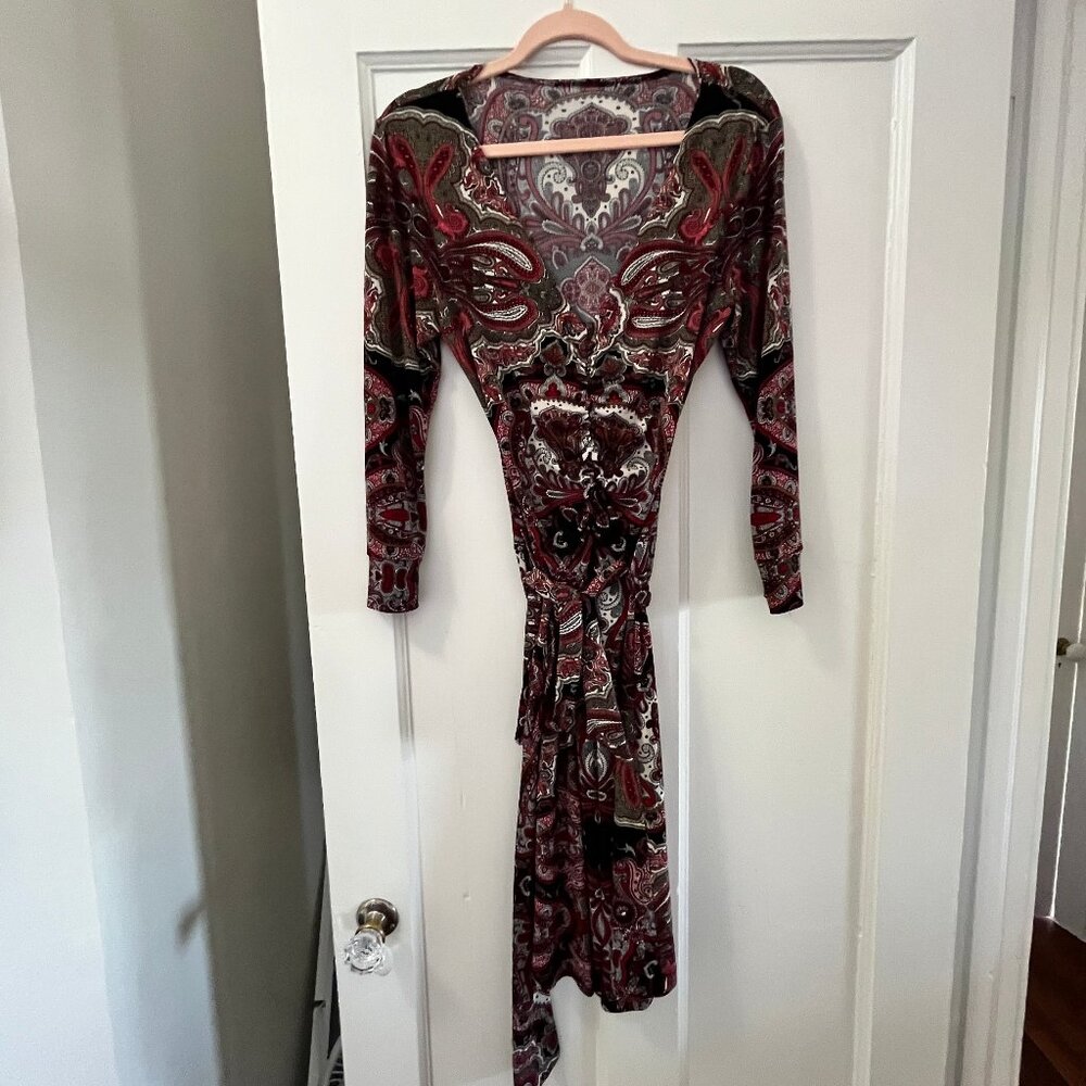 Faux Wrap Dress Paisley Pattern - Flattering Office Dress - Vintage 90s? EUC - Picture 2 of 9